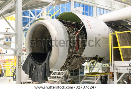 A disassembled jet engine, part of airplane repair, modernization and renovation process in the aircraft repair hall in the Lufthansa Technik  in Sofia, Bulgaria, October 7, 2015.