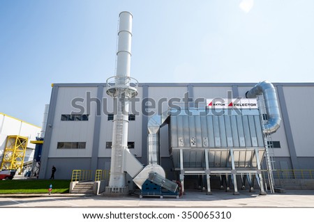 Biogas chimney installation and silo for recycled waste material in a recycling waste to energy factory, build by Aktor Helector, Sofia, Bulgaria, September 14, 2015.