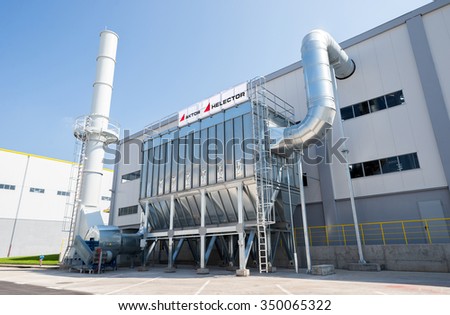 Biogas chimney installation and silo for recycled waste material in a recycling waste to energy factory, build by Aktor Helector, Sofia, Bulgaria, September 14, 2015.