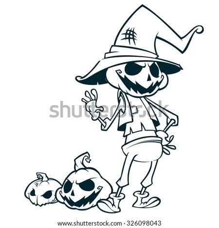Halloween scary pumpkin head scarecrow outlines, vector postcard for Halloween holiday