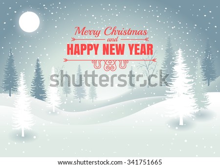 Holiday winter landscape background with winter tree. Merry Christmas and Happy New Year. Vector.
