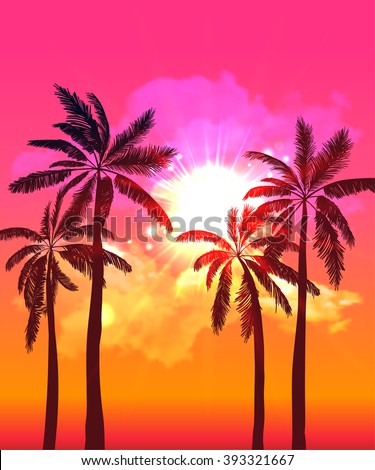 Palm silhouettes on summer sunset with beautiful sky background. Tropical sunset, summer paradise. Vector illustration