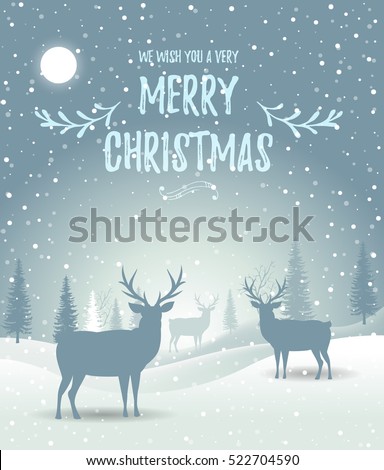 Christmas card. Holiday winter landscape. Winter christmas background with fir tree. Merry Christmas handdraw style lettering . Silhouettes of deer in a winter landscape. Vector illustration. EPS 10