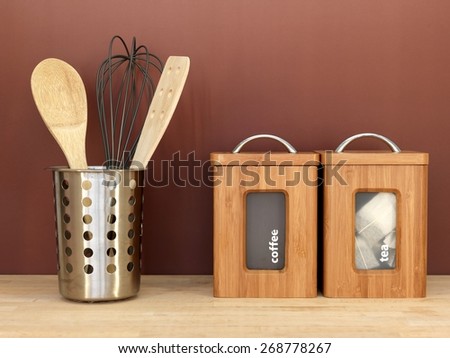 A close up shot of kitchen items on a kitchen bendh