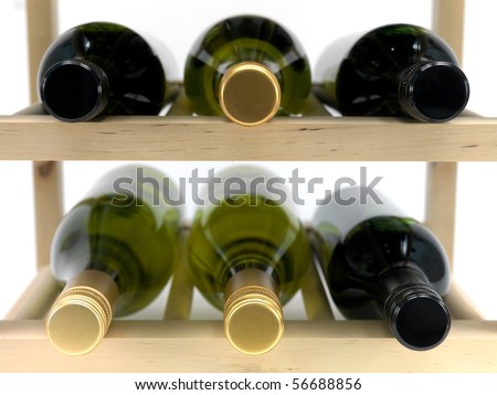 Bottled wine and a wine rack isolated against a white background