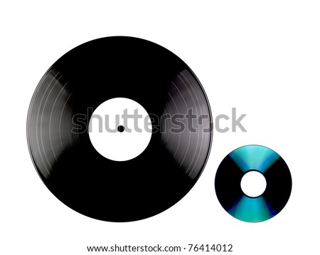 A vinyl record and a compact disc  isolated against a white background