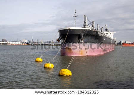 Bulk cargo vessel lies at anchor in the Rotterdam waalhaven