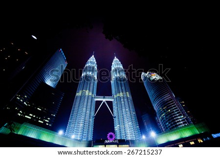 JAN 17, 2014, KUALA LUMPUR, MALAYSIA : Petronas Twin Towers at night on January 17, 2014 in Kuala Lumpur. Petronas Twin Towers were the tallest buildings (452 m) in the world from 1998 to 2004