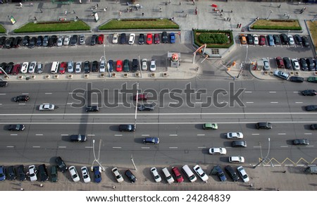 many cars on road, aerial view