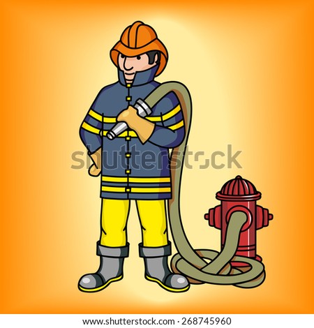 Firefighter in blue jacket holding a fire hose. Editable vector illustration.