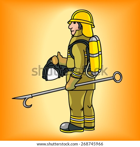 Firefighter in green uniform keep fire gaff and oxygen cylinders. Editable vector illustration.