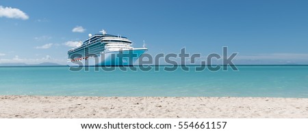 Summer vacation concept: Cruise ship in Caribbean Sea close to tropical beach.