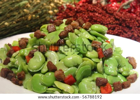 Chinese food dish,the main raw material is the peas and meat, fried.