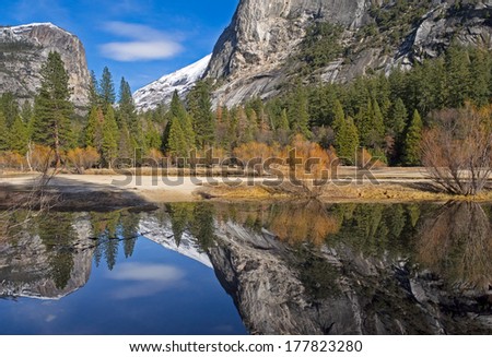 colorful reflections on a calm winter afternoon at mirror lake,yosemite valley,california,w inter 2014