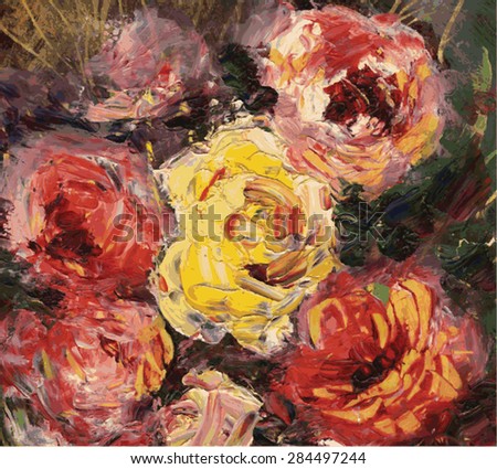 garden roses of different colors , illustration in oil painting