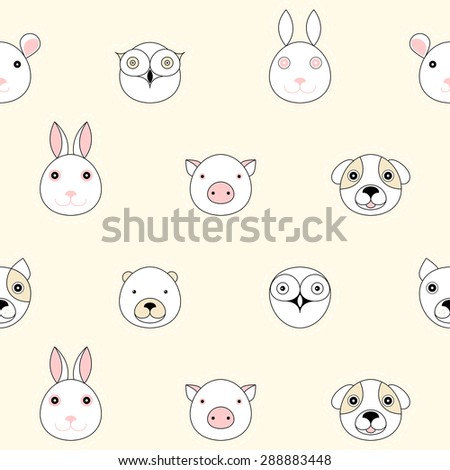 Cute animals, birds and home pets logos set. Children's background. Seamless pattern.