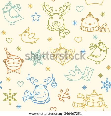 Christmas cute cartoon animals - birds, fox, bear, owl, snowman, snowflakes, stars on pale background. Vector colorful doodle linear seamless pattern. Seasonal winter icons set and logos collection.