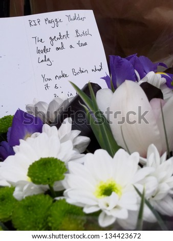 LONDON - UK, April 08: Flowers and messages in front of Margaret Thatcher\'s residence on Chester Square on April 8, 2013 in London.