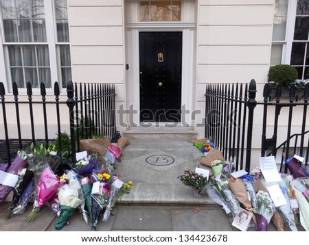 LONDON - UK, April 08: Flowers and messages in front of Margaret Thatcher\'s residence on Chester Square on April 8, 2013 in London.