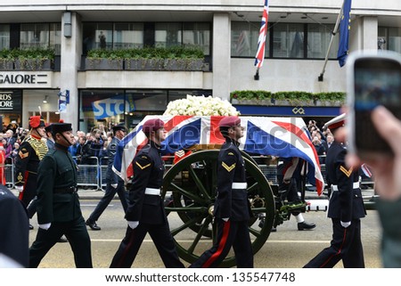 LONDON - UK, APRIL 17: Baroness Thatcher\'s coffin is carried on a gun carriage on its way to St Paul\'s Cathedral, on April 17, 2013 in London.
