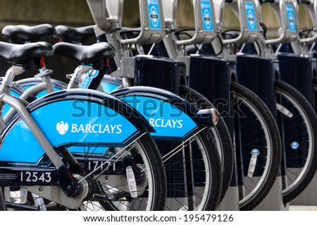 LONDON, UK - CIRCA JULY 2011: Detail of a Barclays Cycle Hire station. Barclays Cycle Hire is a public bicycle sharing scheme launched on July 30, 2010.