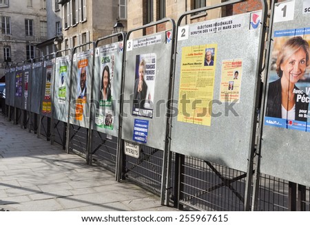 PARIS, FRANCE - CIRCA MARCH 2010: Official election boards set up for the regional elections.
