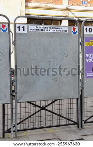 PARIS, FRANCE - CIRCA MARCH 2010: Empty official election board set up for the regional elections.