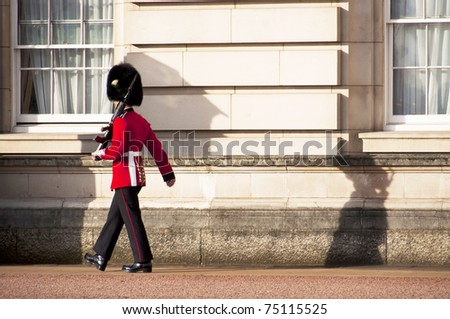 LONDON, UK - APRIL 7: A royal guard at Buckingham Palace which will be the starting point of the royal wedding procession to be held on Friday 29th April, April 7, 2011 in London, United Kingdom