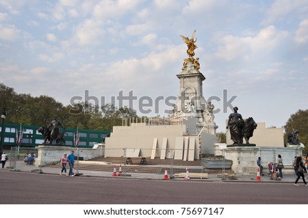 LONDON, UK - APRIL 20: Preparation work at the Victoria Memorial near Buckingham Palace for the royal wedding to be held on Friday 29th April, April 20, 2011 in London, United Kingdom