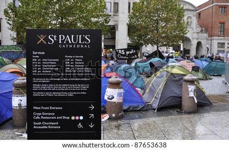 LONDON - OCTOBER 27: Since October 15, hundreds of Occupy LSX protesters have settled an encampment outside St Paul\'s cathedral on October 27, 2011 in London, England. LSX stands for London Stock Exchange.