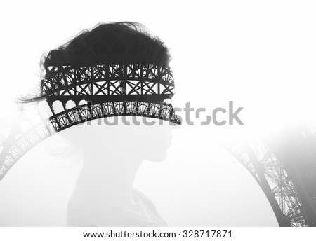 Creative double exposure with portrait of young girl and Eiffel Tower