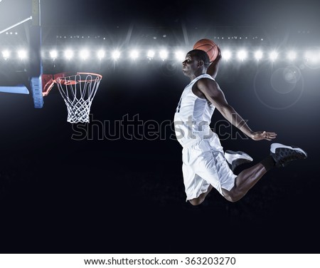 Basketball Player scoring an athletic, amazing slam dunk
