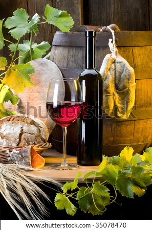 the still life with red wine and ham