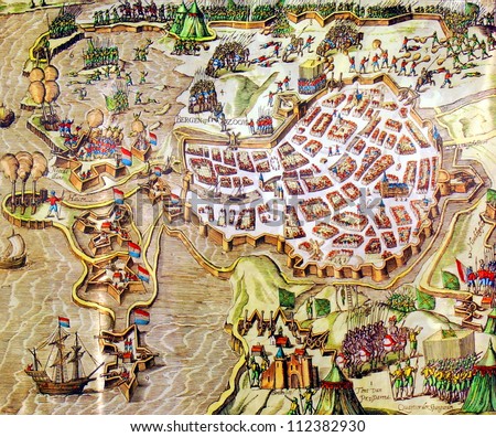 BERGEN OP ZOOM, NETHERLANDS -Â?Â? SEPTEMBER  8 : Old map of the Siege of Bergen op Zoom on Sept. 8, 2012 in BOZ, Netherlands. The actual  attacks lasted from September 23rd till November 13th 1588