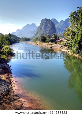 Surreal landscape by the Song river at Vang Vieng