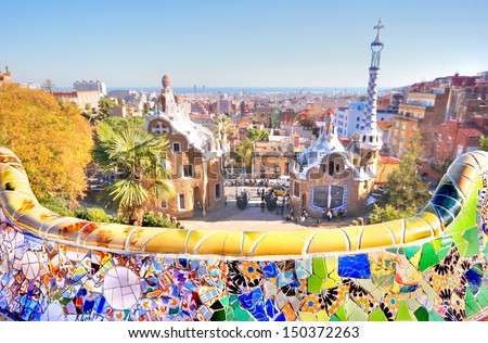 Park Guell Is The Famous Architectural Ceramic Art Designed By Antoni Gaudi In The City Of Barcelona, Spain