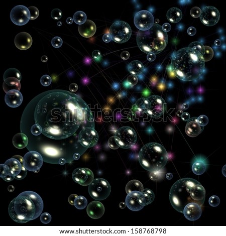 black background with water bubbles and colorful stars