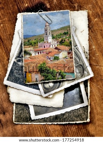 lile of old vintage photographs with on top a colorful image from the colonial village of Trinidad , Cuba
