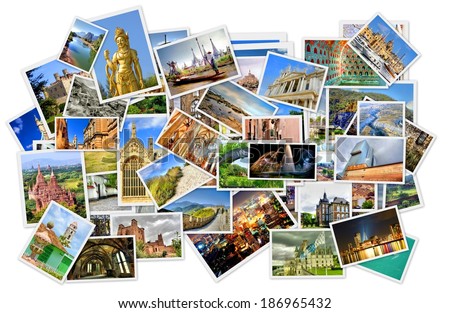pile of photo's with travel destinations from all over the world isolated on white