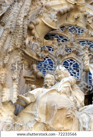 BARCELONA - FEBRUARY 18: The Nativity facade was the first facade to be completed on the Sagrada Familia created by Gaudi .Its dedicated to the birth of Jesus on February 18, 2011 Barcelona Spain