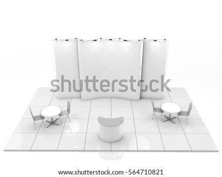 Blank creative exhibition stand design with color shapes. Booth template. Corporate marks and corporate identity. 3D rendering
