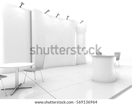 Blank creative exhibition stand design with color shapes. Booth template. Corporate marks and corporate identity. 3D rendering