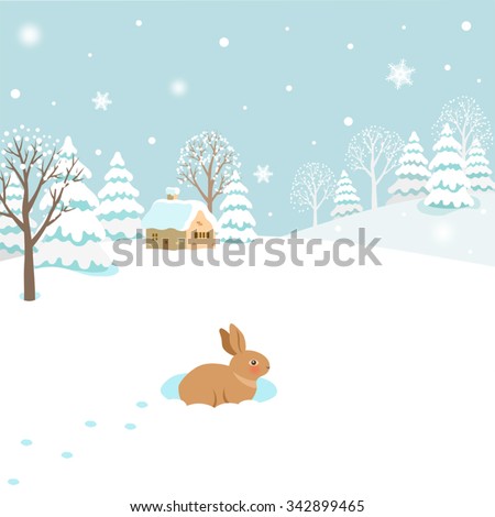 Snowy winter landscape with rabbit