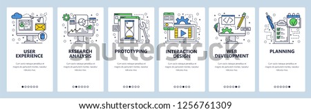 Vector web site linear art onboarding screens template. User experience, prototyping and web development. Menu banners for website and mobile app development. Modern design flat illustration