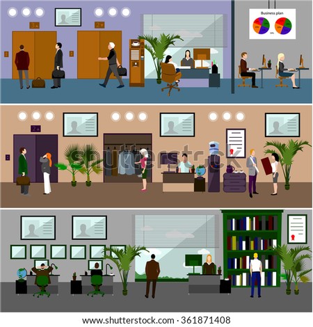 Flat design of business people or office workers. People talking and working with computers. Business presentation and meeting. Office interior.