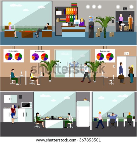 Flat design of business people or office workers. People having break. Business presentation and meeting. Office interior.