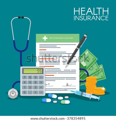Health insurance form concept vector illustration. Filling medical documents. Stethoscope, drugs, money, calculator, syringe.