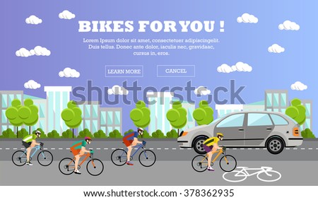 Group of bicycle riders on bikes on road. Street with bicycle line. Biking sport concept cartoon banners. Vector illustration in flat style design.
