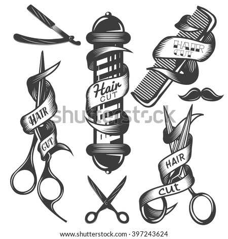 Vector set of hair salon vector labels in vintage style. Hair cut beauty and barber  shop, scissors, blade. Design elements, icons, badges isolated on white background.