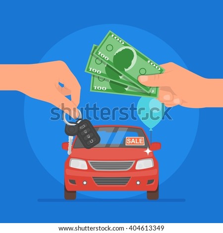 Car sale vector illustration. Customer buying car from dealer concept. Car salesman giving key to new owner. Hand holding car key and money.
